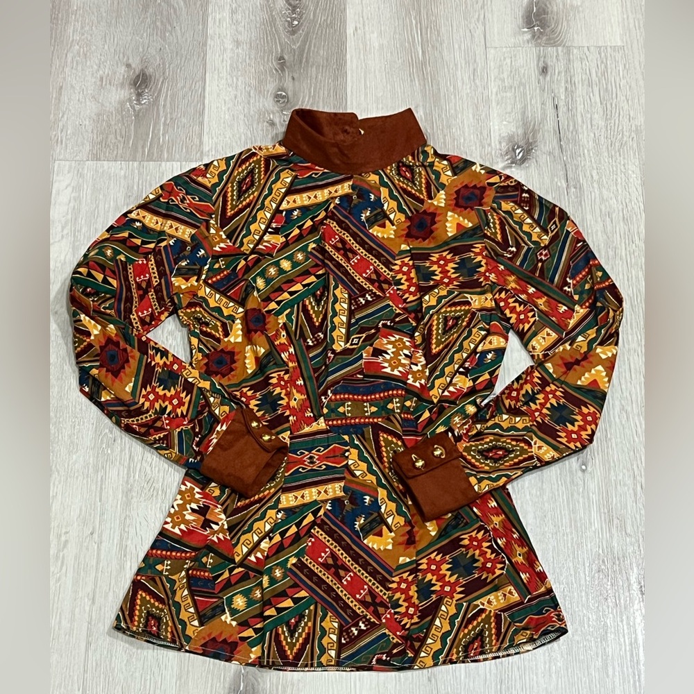 Vintage Long-Sleeve Geometric Print Tunic with Rust Mock Neck